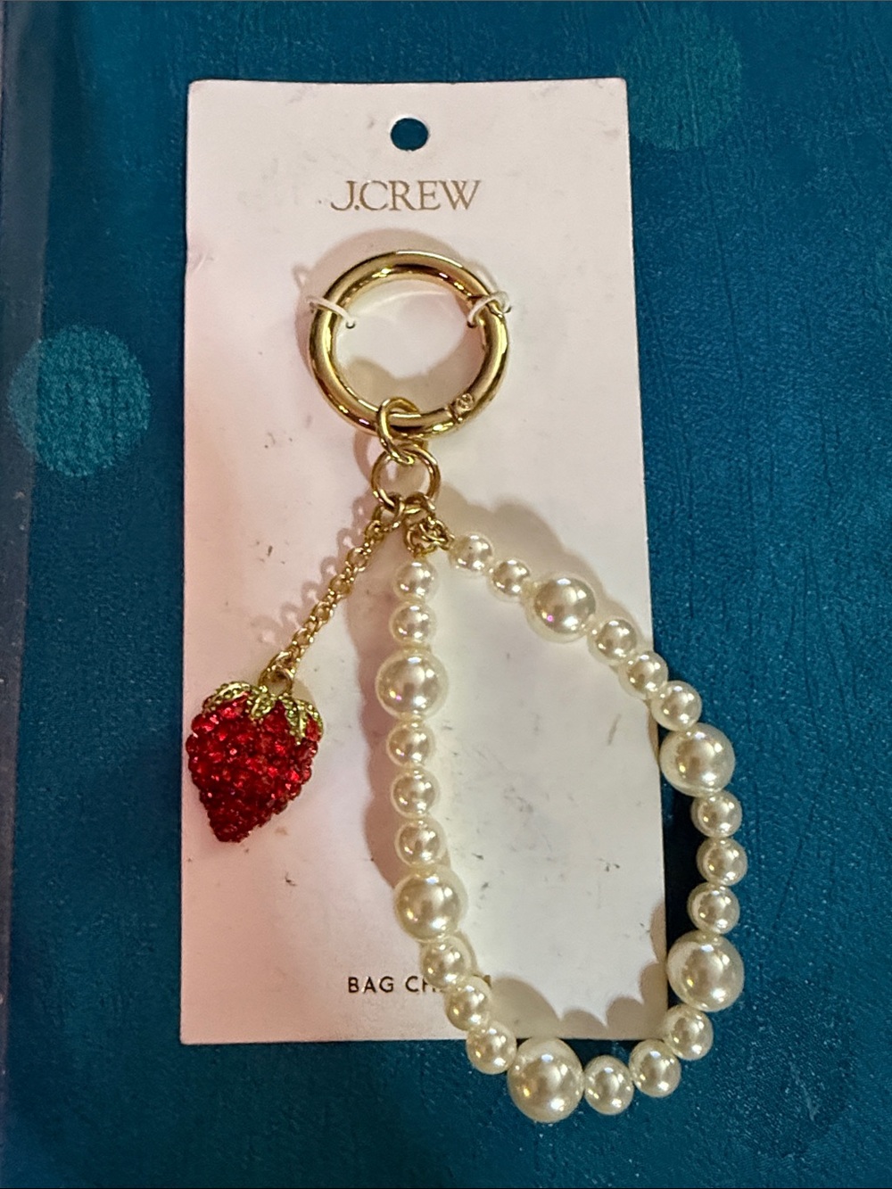 J. Crew Pearl Bead Keyring with Red Strawberry Charm and Gold Hardware
